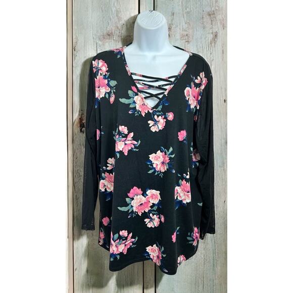 Eye Candy Black Floral Blouse Size 2X 3/4 Sheer Sleeve Top V-Neck - Picture 1 of 5